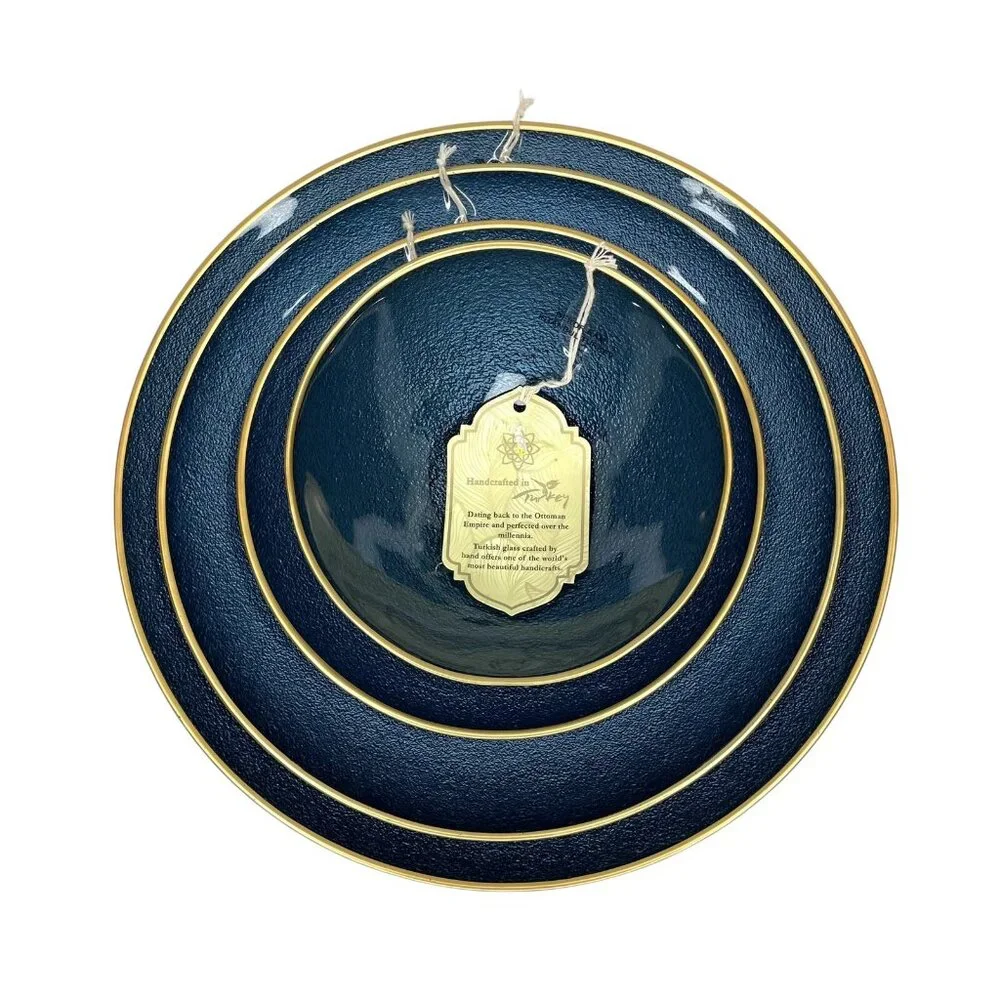 Turkish Glass 4 Charger Plates Set Blue Textured Gold Rim 13